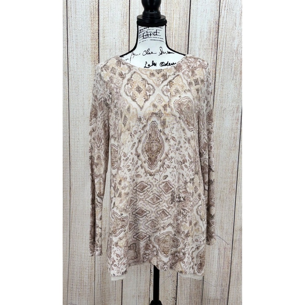 J. Jill Top Size Medium Damask Medallion Print Long Sleeve Knit Tunic Beige Tan